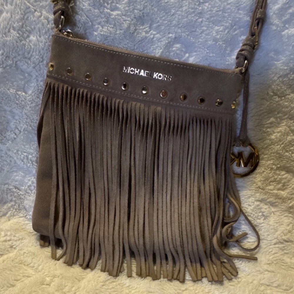 Michael Kors Gray Suede Fringe Crossbody Bag
